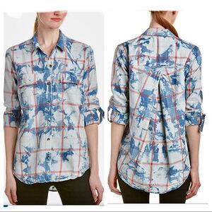 Splendid Casta Plaid Button Down Shirt Tan Blue Roll Tab Sleeve Size S